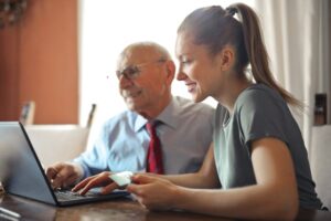 This is the image of a lady working an online part time job as a customer service representative. 